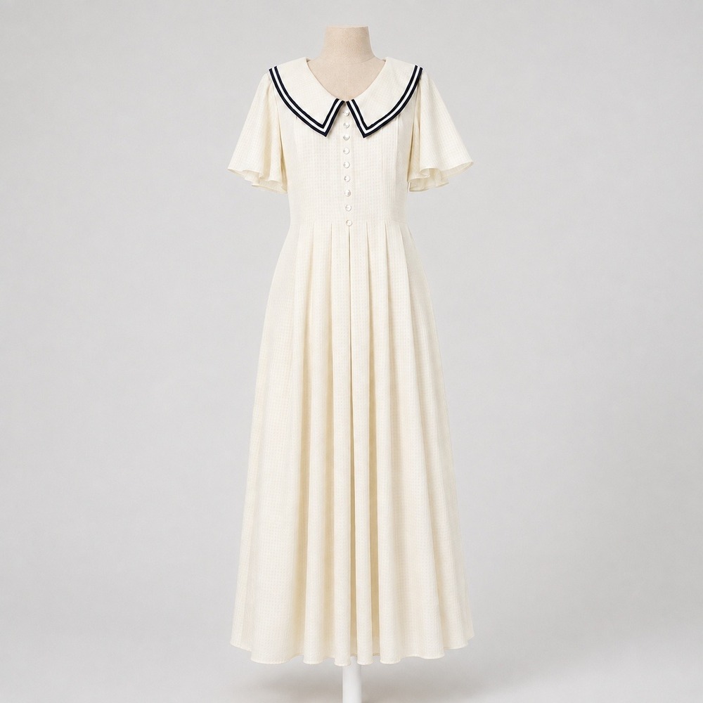 Vintage 90s Nautical Sailor Collar Maxi Dress Size 12 Blue White Retro Classic